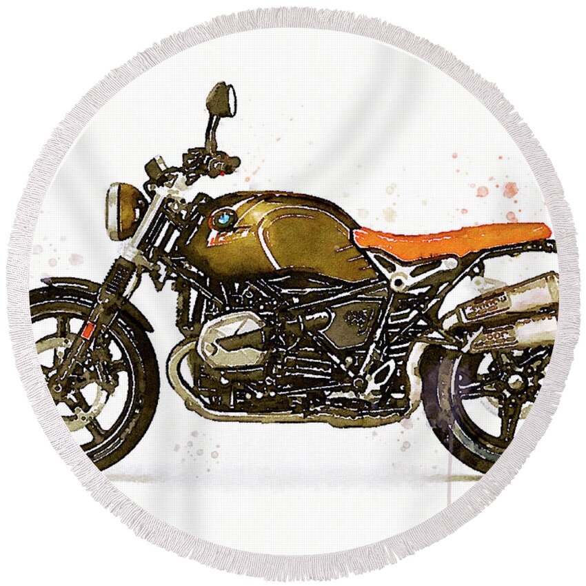 Motorbike Paitning Round Beach Towel featuring the painting Watercolor BMW NineT SCRAMBLER motorcycle - oryginal artwork by Vart. by Vart