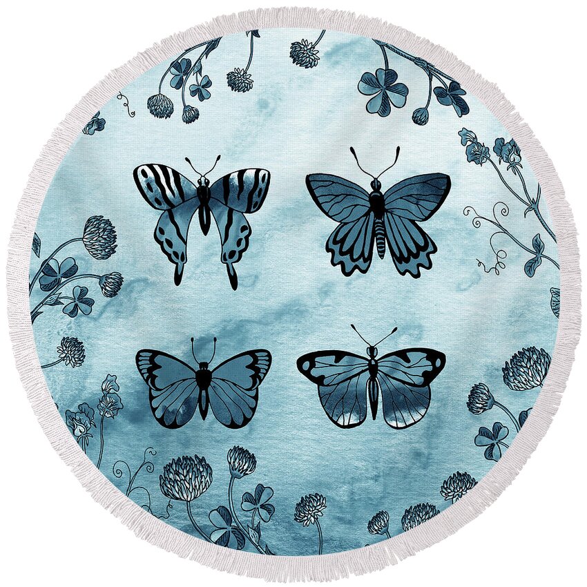 Butterfly Round Beach Towel featuring the painting Watercolor Butterflies In Teal Blue Sky I by Irina Sztukowski