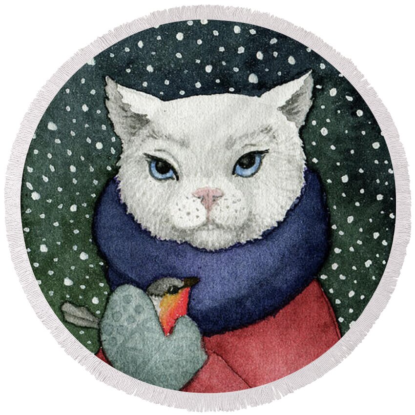 Cat Round Beach Towel featuring the painting Watercolor Cat Winter Christmas Holiday by Modern Art
