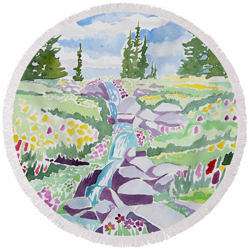 Colorado Round Beach Towel featuring the painting Watercolor - Colorado Summer Essence by Cascade Colors