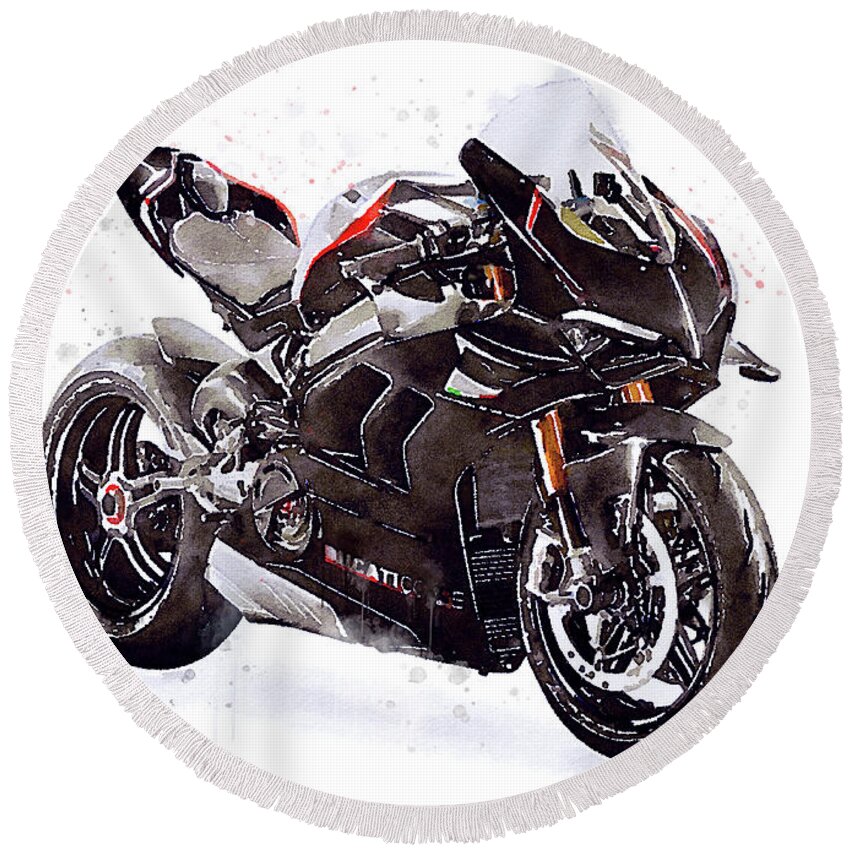 Sport Round Beach Towel featuring the painting Watercolor Ducati Panigale V4SP 2022 motorcycle, oryginal artwork by Vart. by Vart Studio