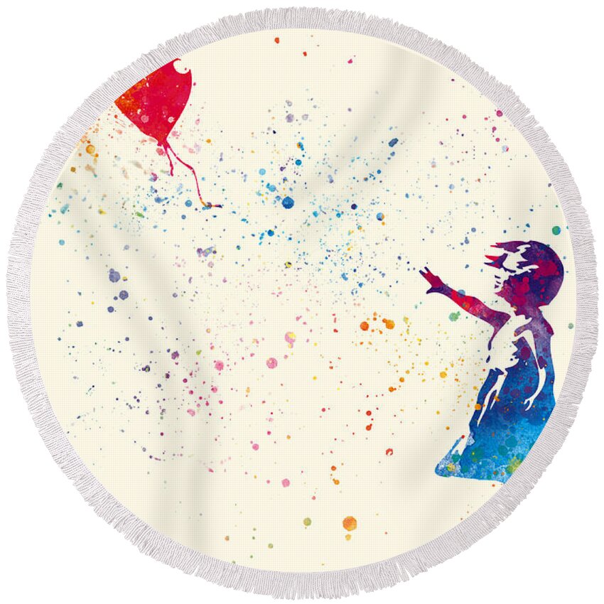 Watercolor Round Beach Towel featuring the painting Watercolor Girl With A Balloon by Vart. by Vart Studio