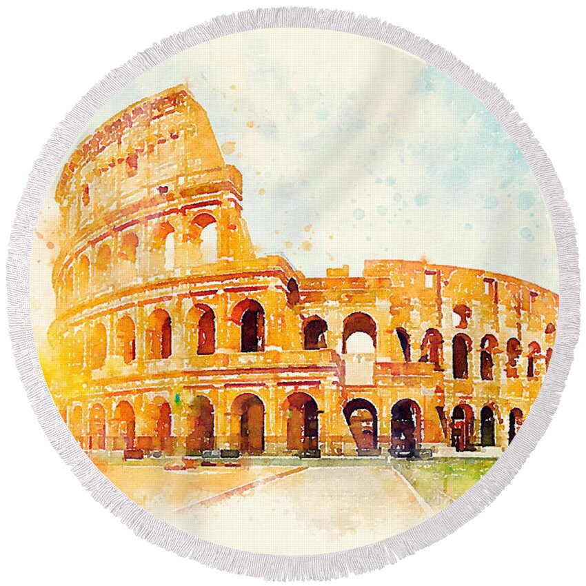 Watercolor Round Beach Towel featuring the painting Watercolor Greece Colosseum by Vart by Vart