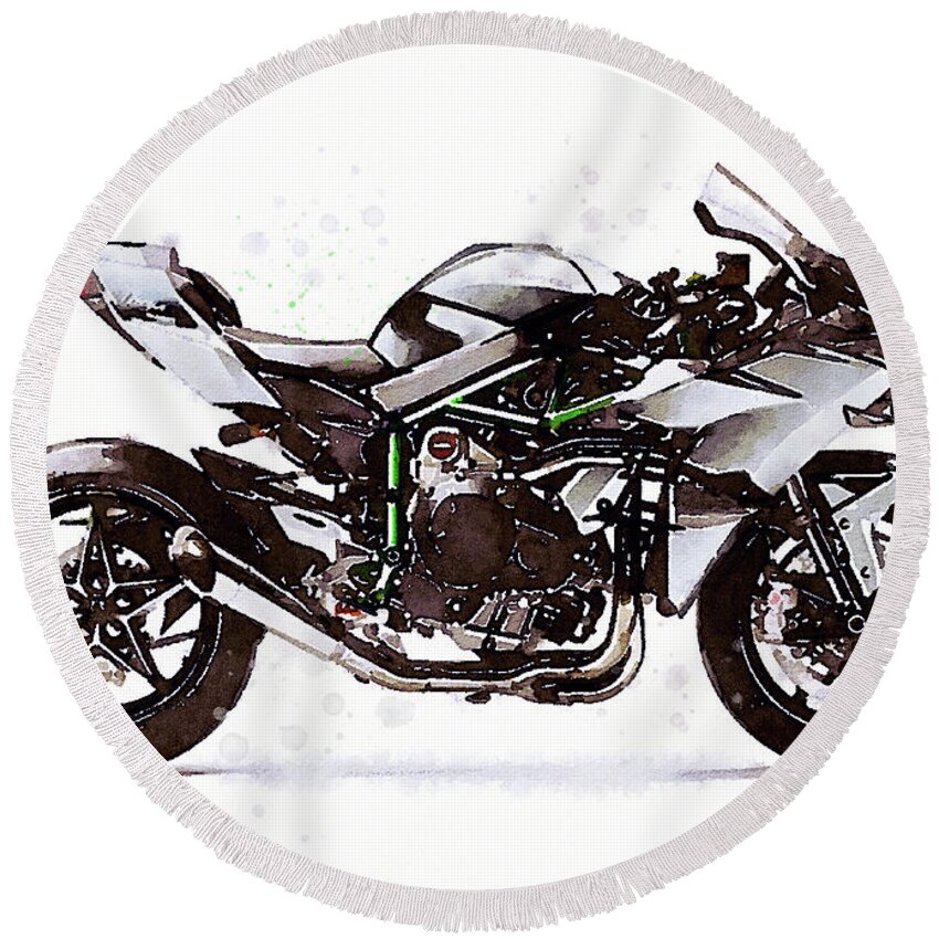 Sport Round Beach Towel featuring the painting Watercolor Kawasaki Ninja H2R motorcycle - orygin by Vart Studio