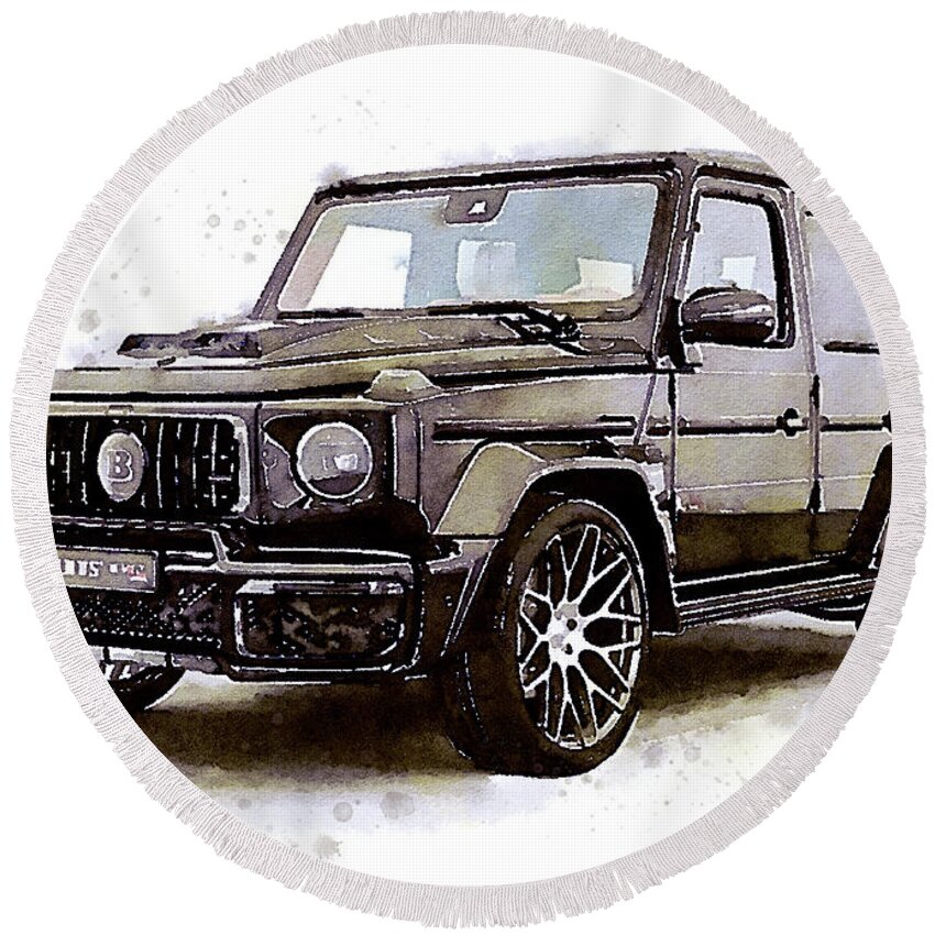 Car Art Round Beach Towel featuring the painting Watercolor Mercedes G Brabus, art print poster - oryginal artwork by Vart by Vart