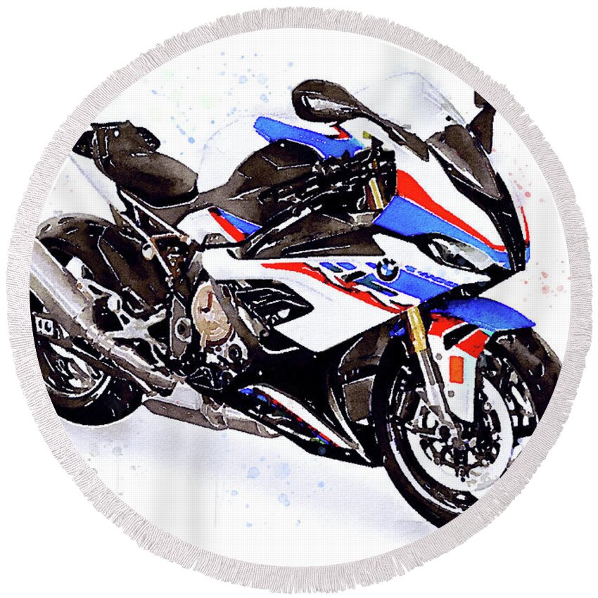 Sport Round Beach Towel featuring the painting Watercolor Motorcycle BMW S1000RR - original artwork by Vart. by Vart Studio