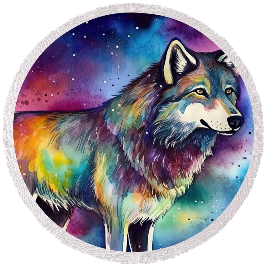 Painting Round Beach Towel featuring the painting Watercolor Painting of a Cosmic Wolf by N Akkash