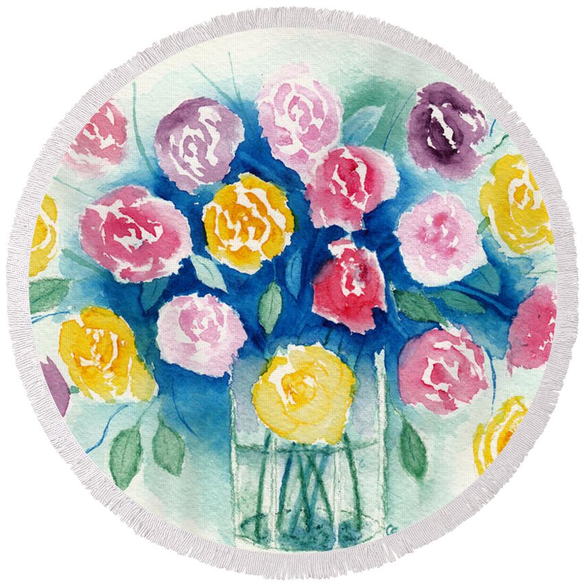 Roses Round Beach Towel featuring the painting Watercolor Rose Still Life by Conni Schaftenaar