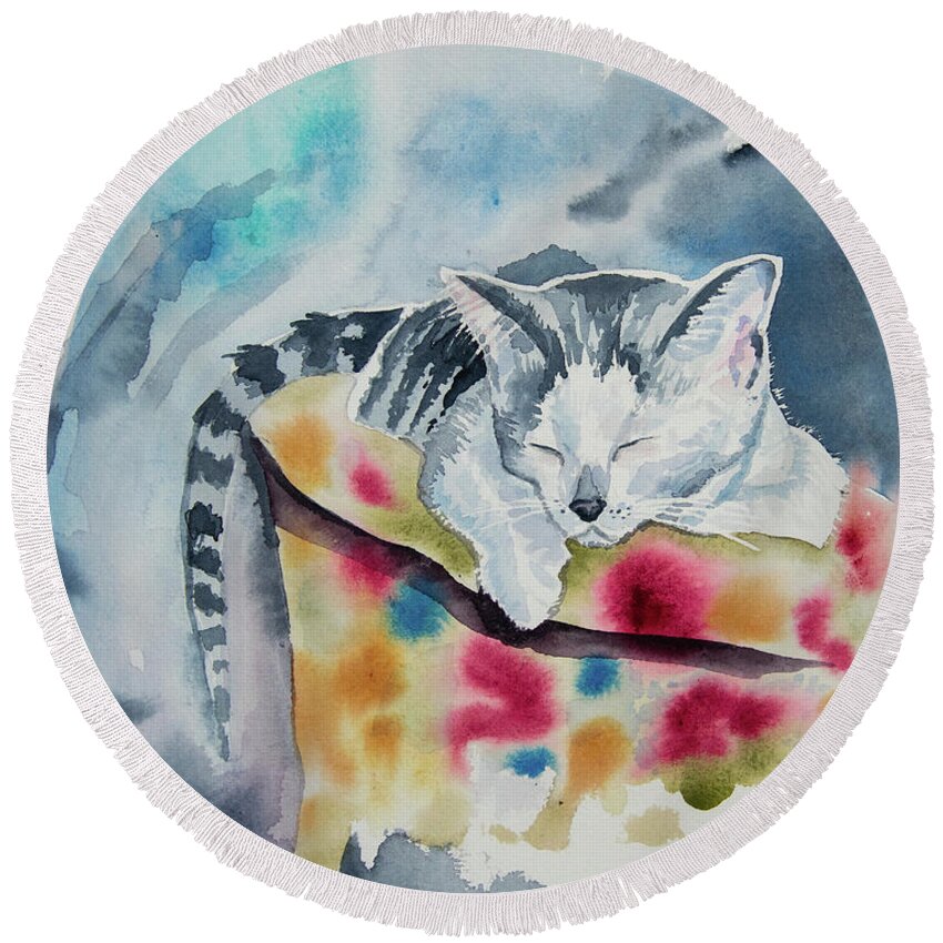 Kitten Round Beach Towel featuring the painting Watercolor - Sleeping Kitten by Cascade Colors