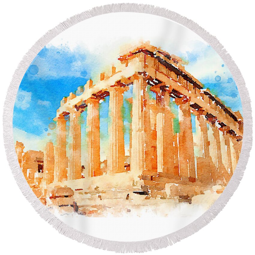 Vart Round Beach Towel featuring the painting Watercolor. The Parthenon, Greece by Vart by Vart