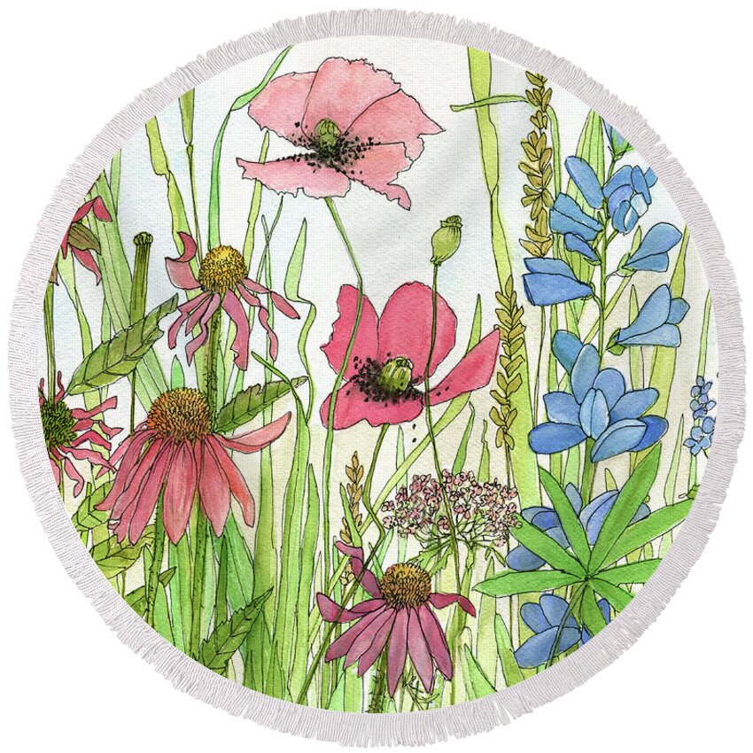 Watercolor Round Beach Towel featuring the painting Watercolor Touch of Blue Flowers by Laurie Rohner