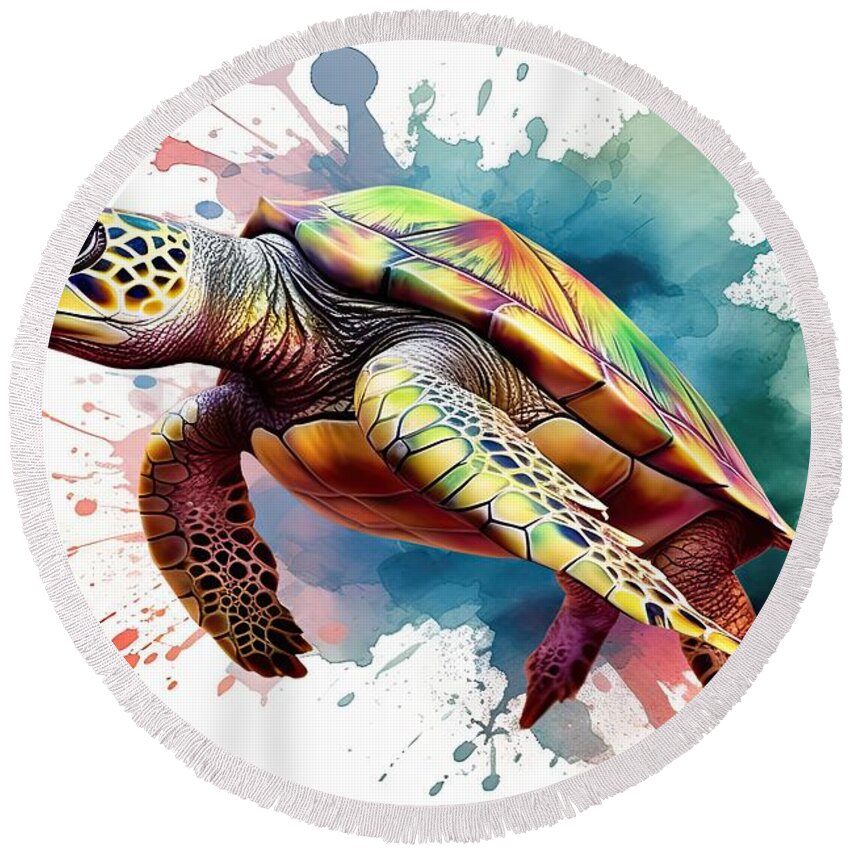 Turtle Round Beach Towel featuring the painting Watercolour colourful turtle vector3 by N Akkash