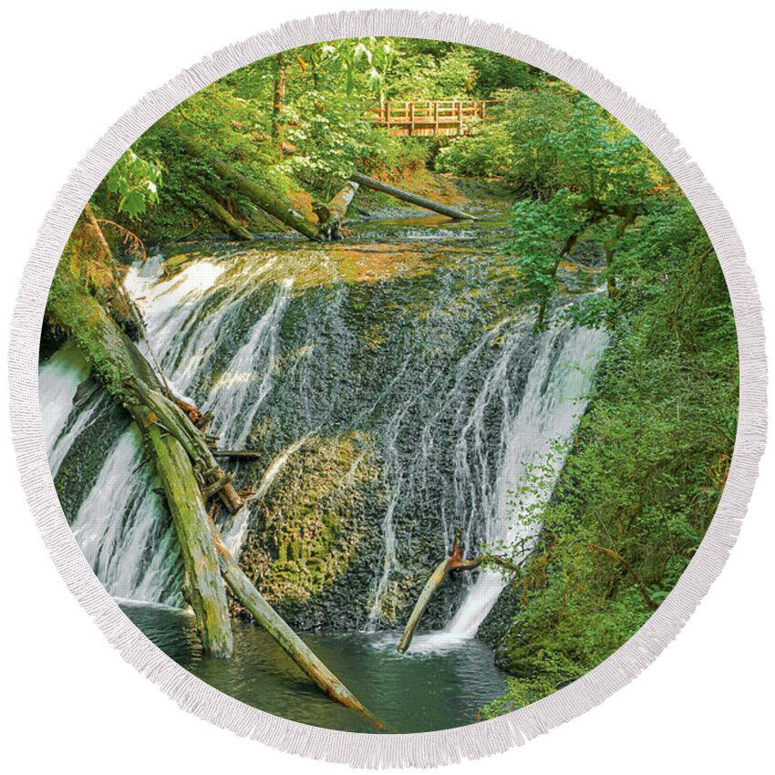 Waterfall Round Beach Towel featuring the photograph Waterfall and Footbridge by Randy Bradley