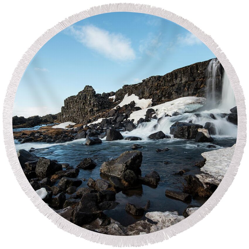Oxararfoss Round Beach Towel featuring the photograph Waterfall flowing into the river, Iceland by Michalakis Ppalis