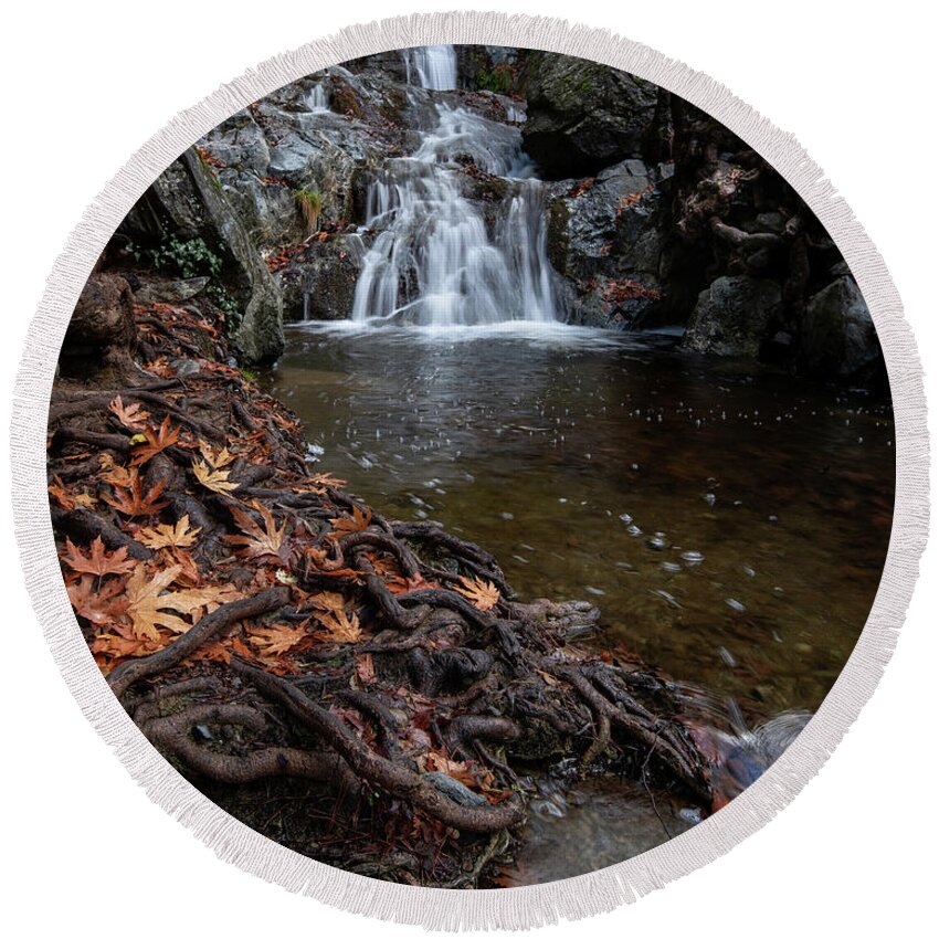 Waterfall Round Beach Towel featuring the photograph Waterfall in autumn. by Michalakis Ppalis