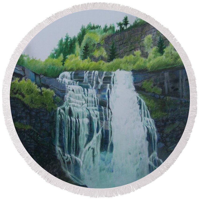 Waterfall Round Beach Towel featuring the mixed media Waterfall in Norway by Constance DRESCHER