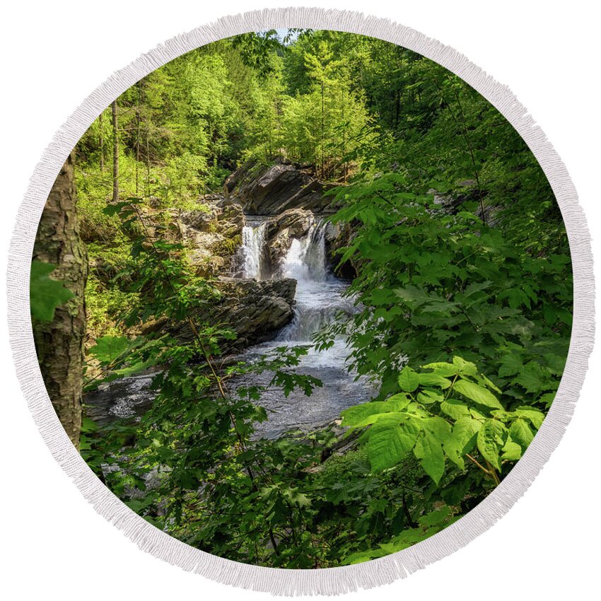 Adventure Round Beach Towel featuring the photograph Waterfall in the Woods by Mike Whalen