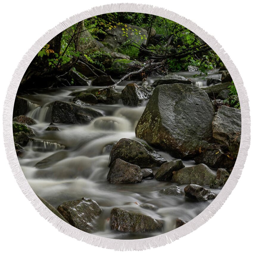 Waterfall Round Beach Towel featuring the photograph Waterfall in the WOods by Regina Muscarella