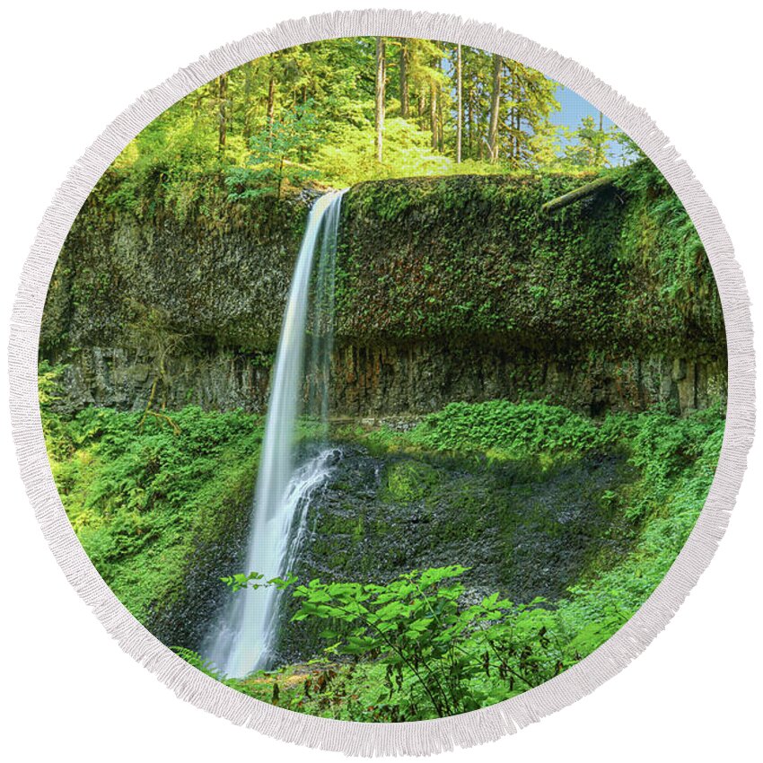 Waterfall Round Beach Towel featuring the photograph Waterfall looking from Cave by Randy Bradley