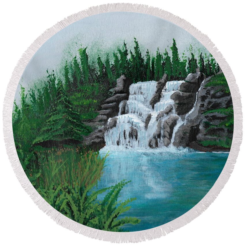 Waterfall Round Beach Towel featuring the painting Waterfall On Ridge by David Bigelow