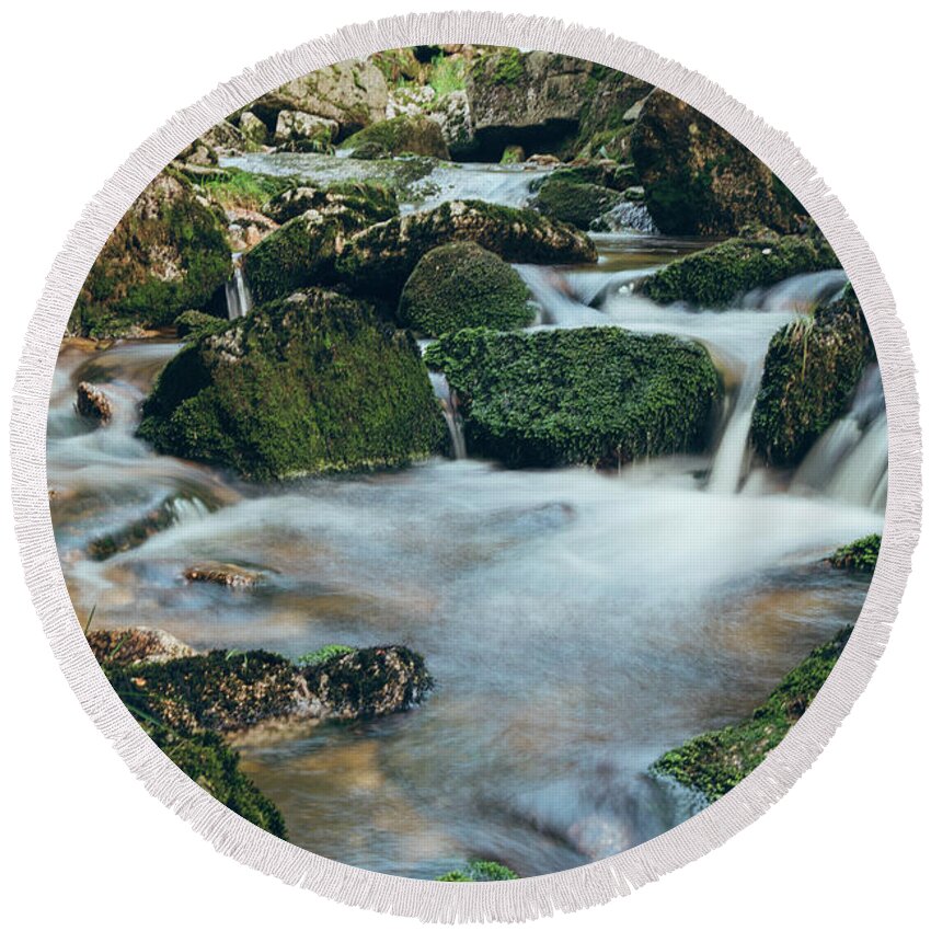 Jizera Mountains Round Beach Towel featuring the photograph Waterfall on the river Jedlova by Vaclav Sonnek