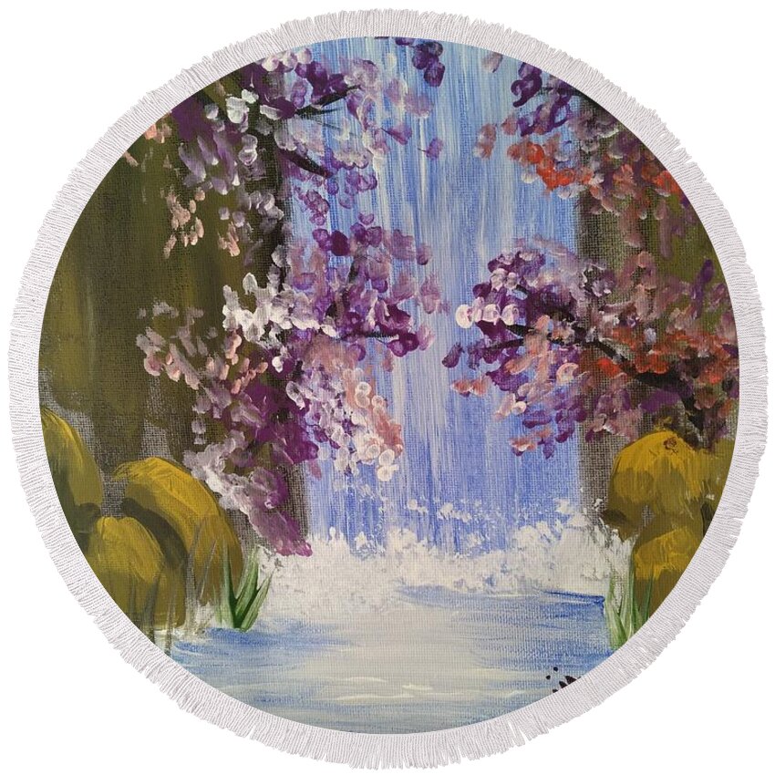Waterfall Round Beach Towel featuring the painting Waterfall by Saundra Johnson
