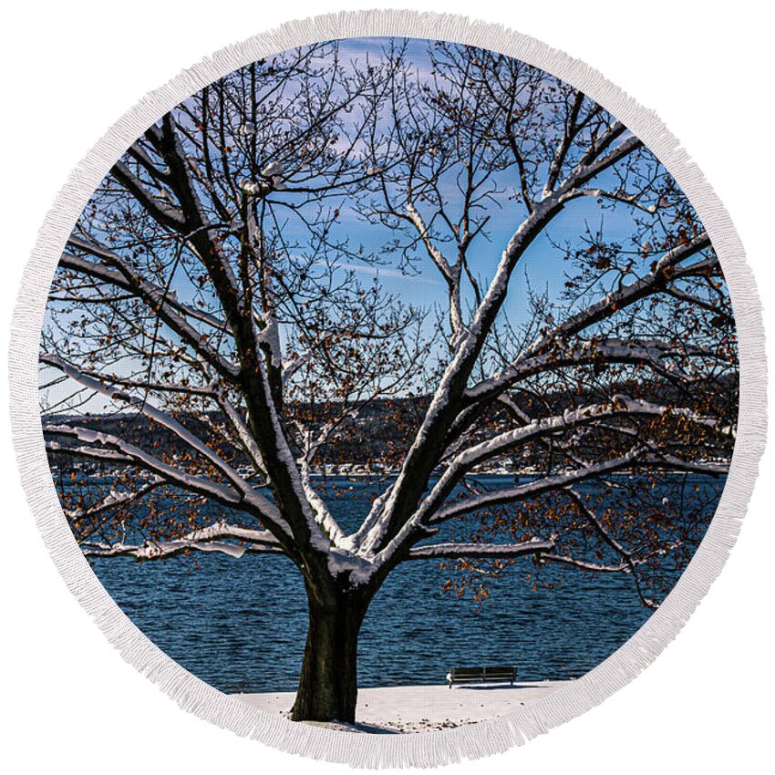 Tree Round Beach Towel featuring the photograph Waterfront Frosting by William Norton
