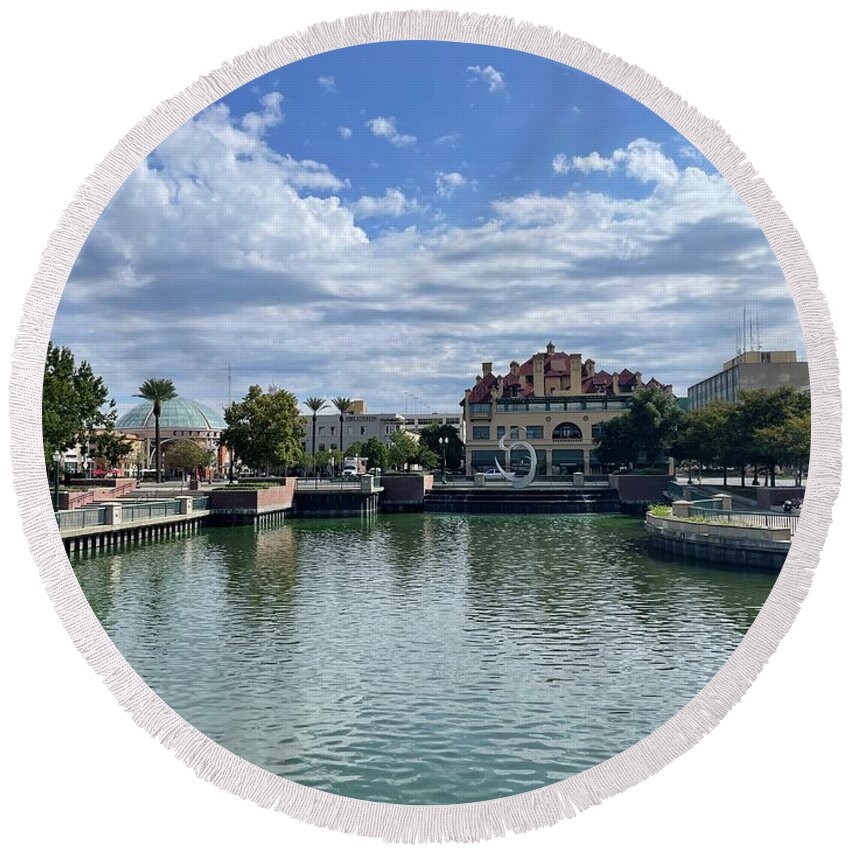 Waterfront Round Beach Towel featuring the photograph Waterfront in Stockton, California by Suzanne Lorenz