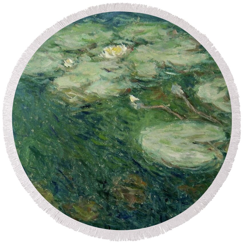 Nymphaea Round Beach Towel featuring the painting Waterlelies Nr. 26 by Pierre Dijk
