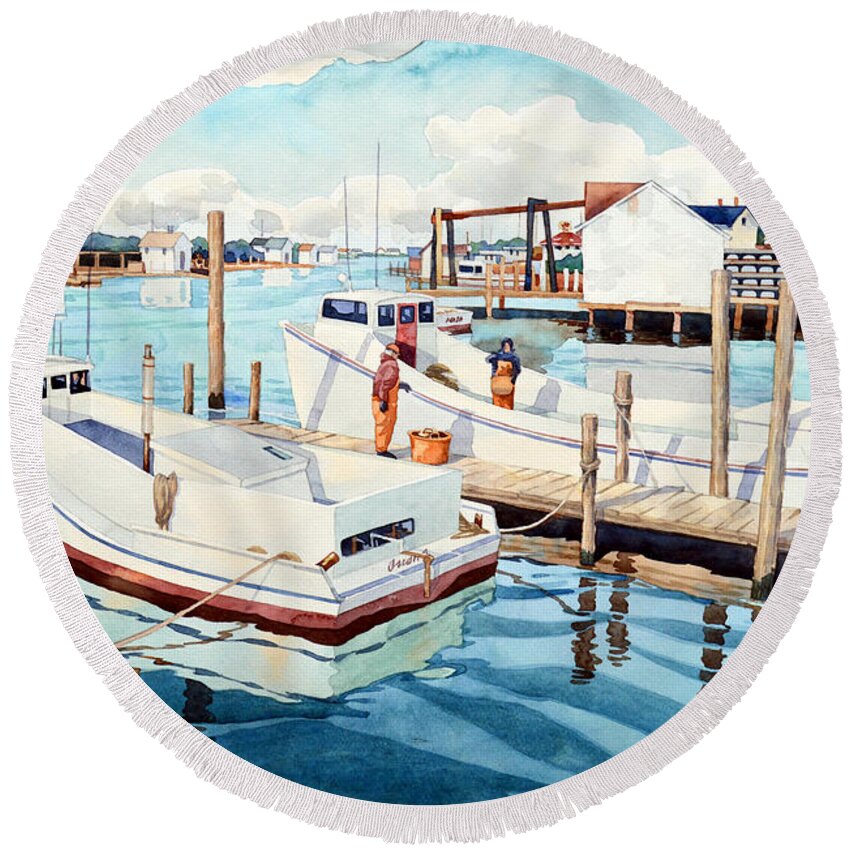 Watercolor Round Beach Towel featuring the painting Watermen by Mick Williams