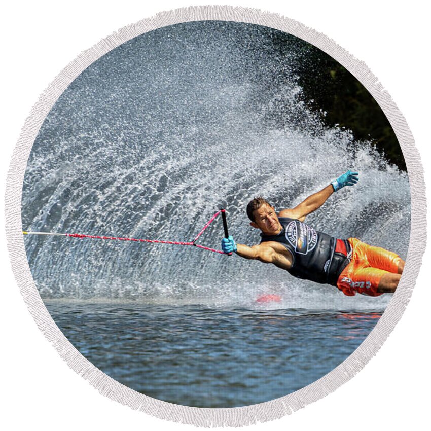 Waterskiing Round Beach Towel featuring the photograph Waterskiing 2 by Jim Miller