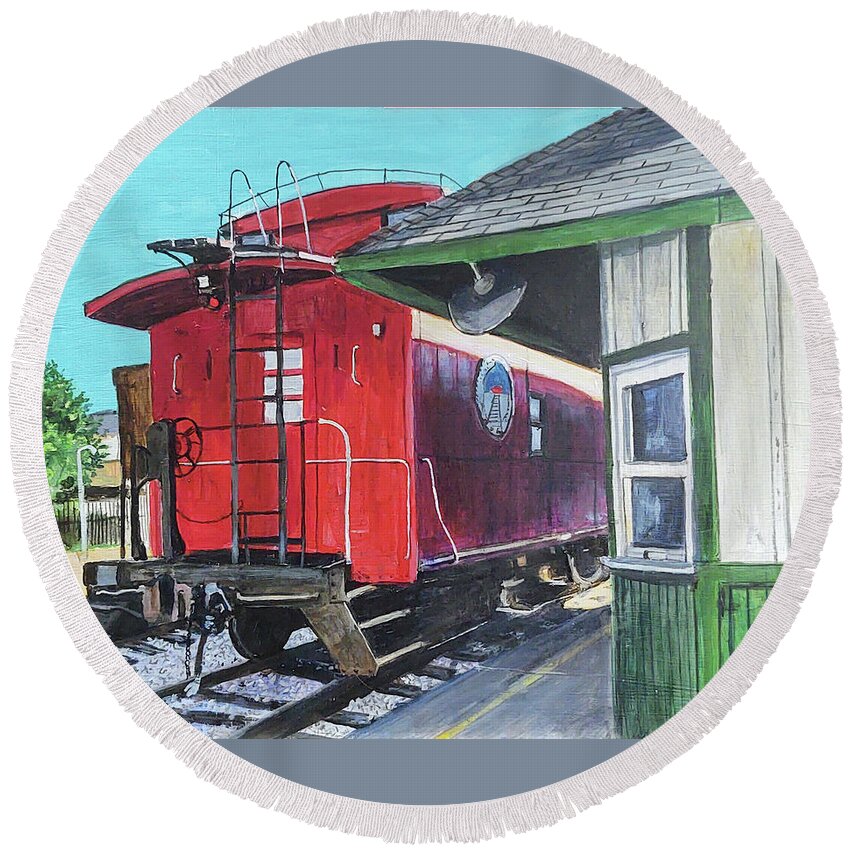 Caboose Round Beach Towel featuring the painting Wave From The Window by William Brody