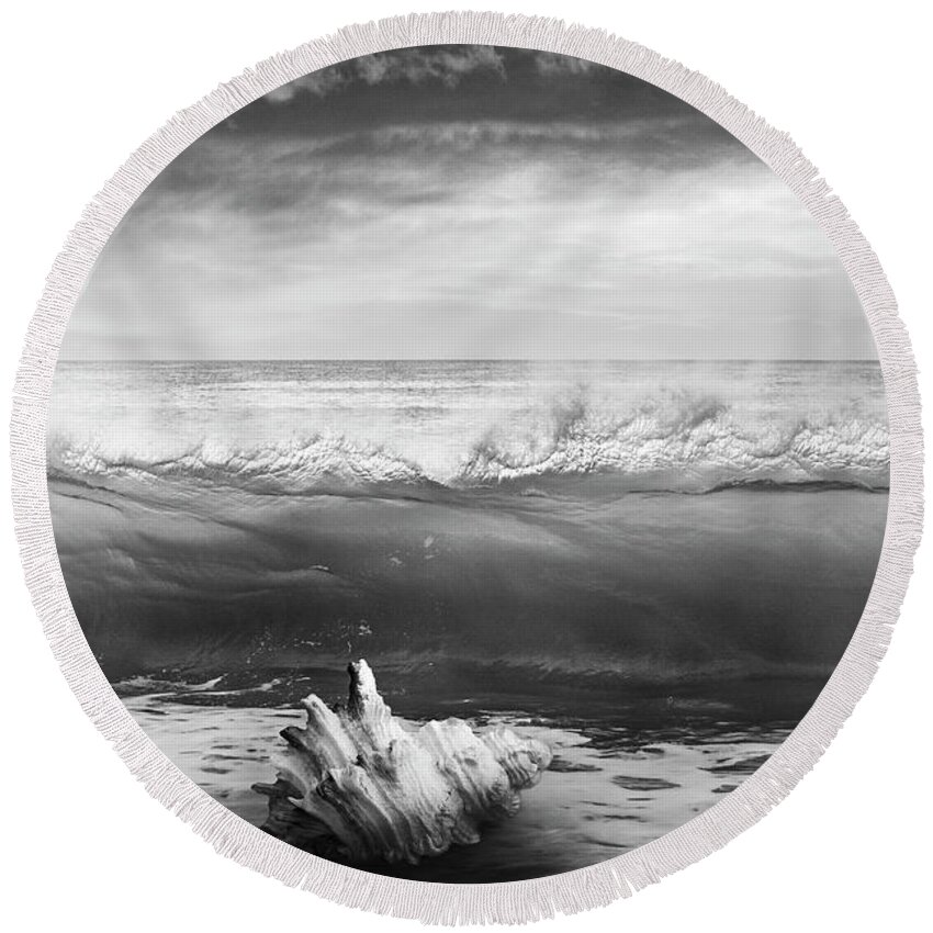 Clouds Round Beach Towel featuring the photograph Waves and Shells III Black and White by Debra and Dave Vanderlaan