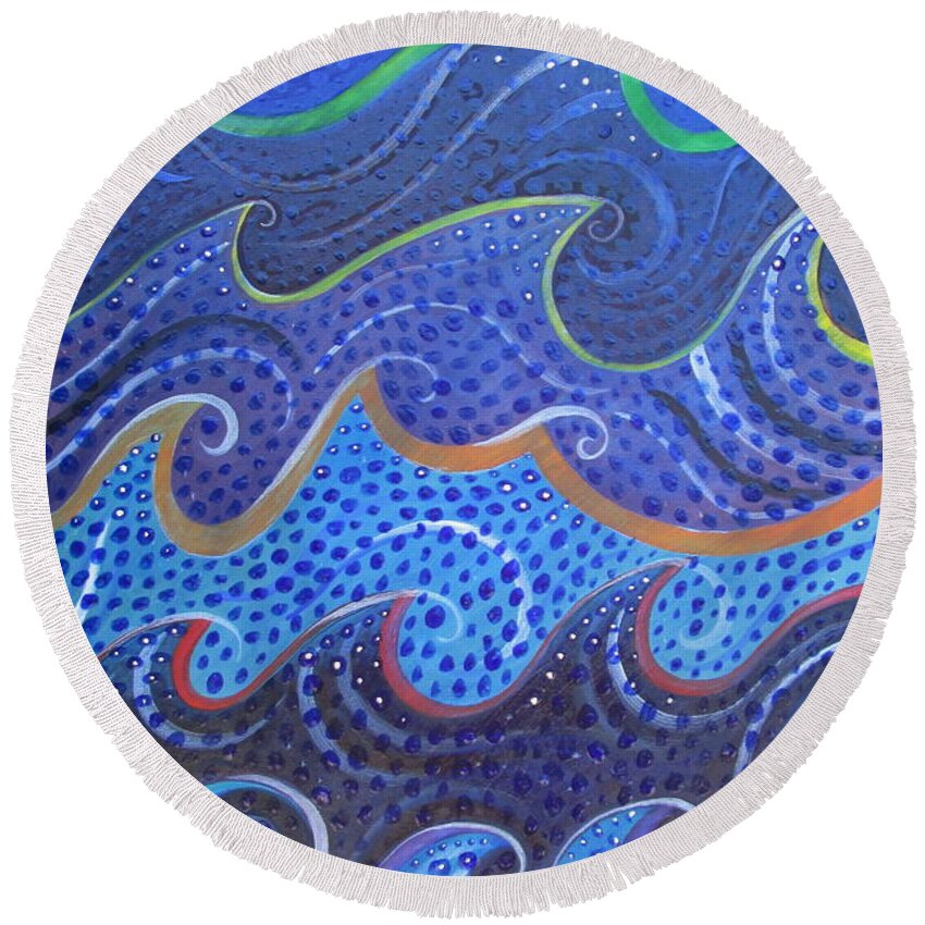 Waves And Swirls Round Beach Towel featuring the painting Waves and Swirls by Helena Tiainen