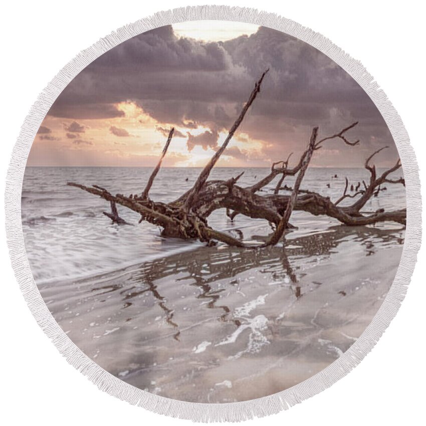 Tree Round Beach Towel featuring the photograph Waves at Sunrise Jekyll Island Beach by Debra and Dave Vanderlaan