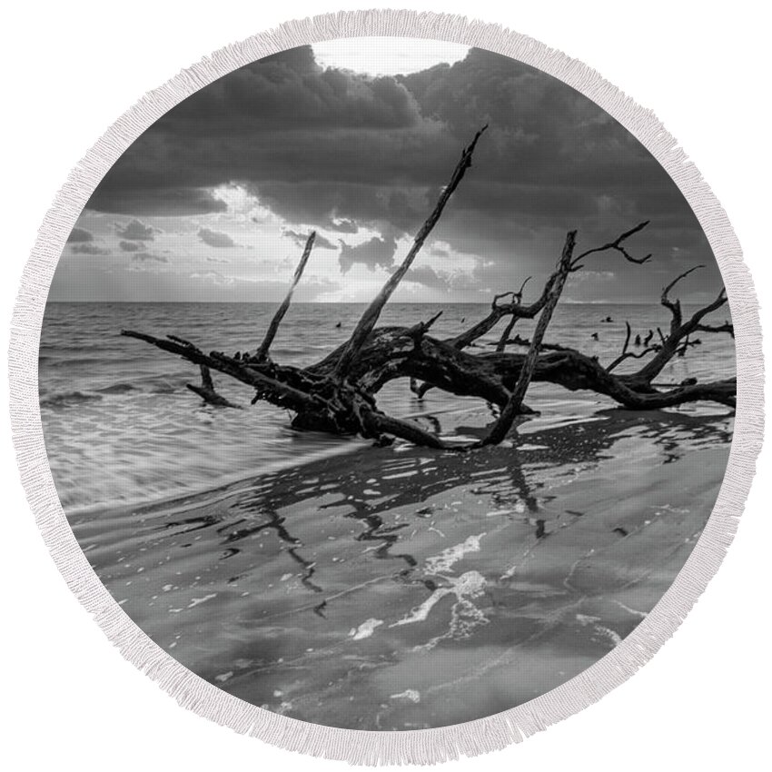 Black Round Beach Towel featuring the photograph Waves at Sunrise Jekyll Island Black and White by Debra and Dave Vanderlaan