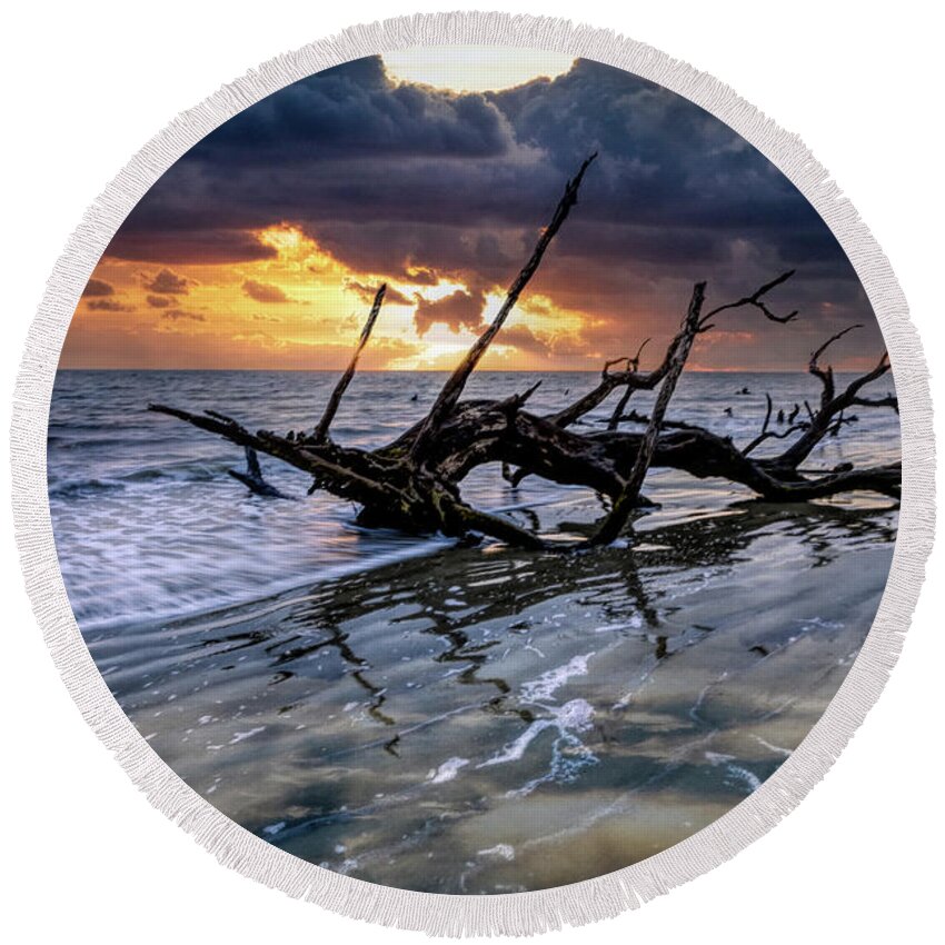 Clouds Round Beach Towel featuring the photograph Waves at Sunrise Jekyll Island by Debra and Dave Vanderlaan
