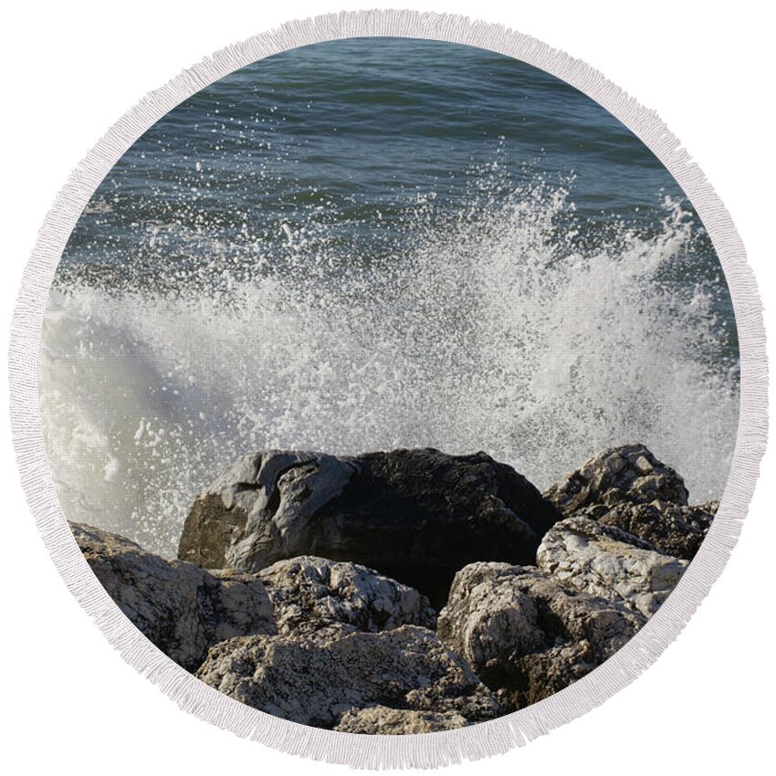 Torremolinos Spain Round Beach Towel featuring the photograph Waves crashing against rocks Torremolinos 2019 by Pics By Tony