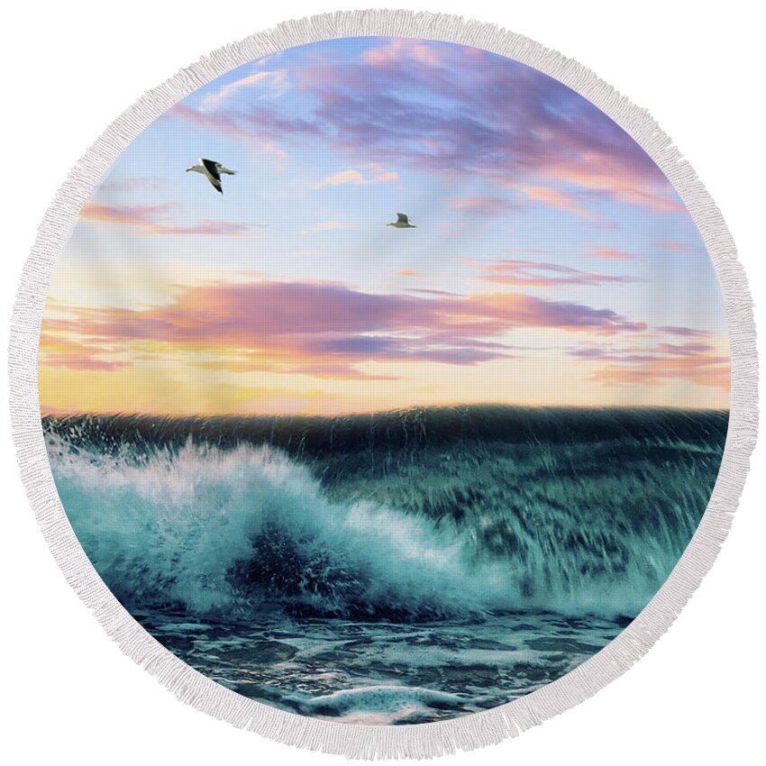 Seagulls Round Beach Towel featuring the digital art Waves Crashing At Sunset by Phil Perkins