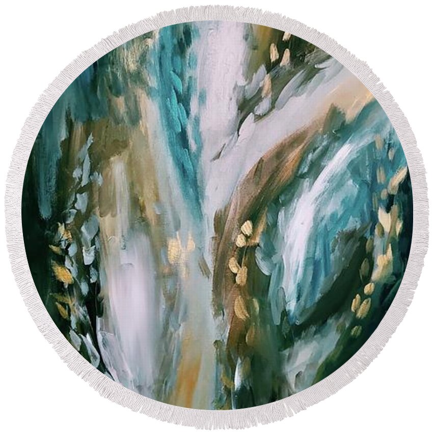Blue Grey Brown Gold Abstract Sea Seaweed Beach Turquoise Blue Water Round Beach Towel featuring the painting Waves by Meredith Palmer