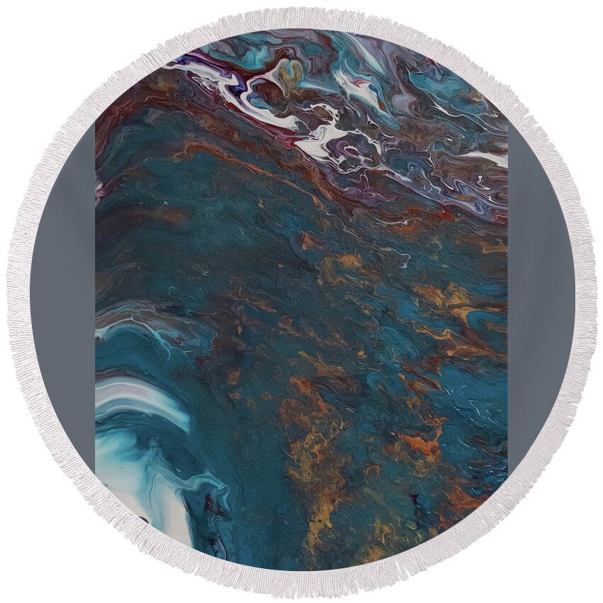 Blue Round Beach Towel featuring the mixed media Waves of Gold by Aimee Bruno