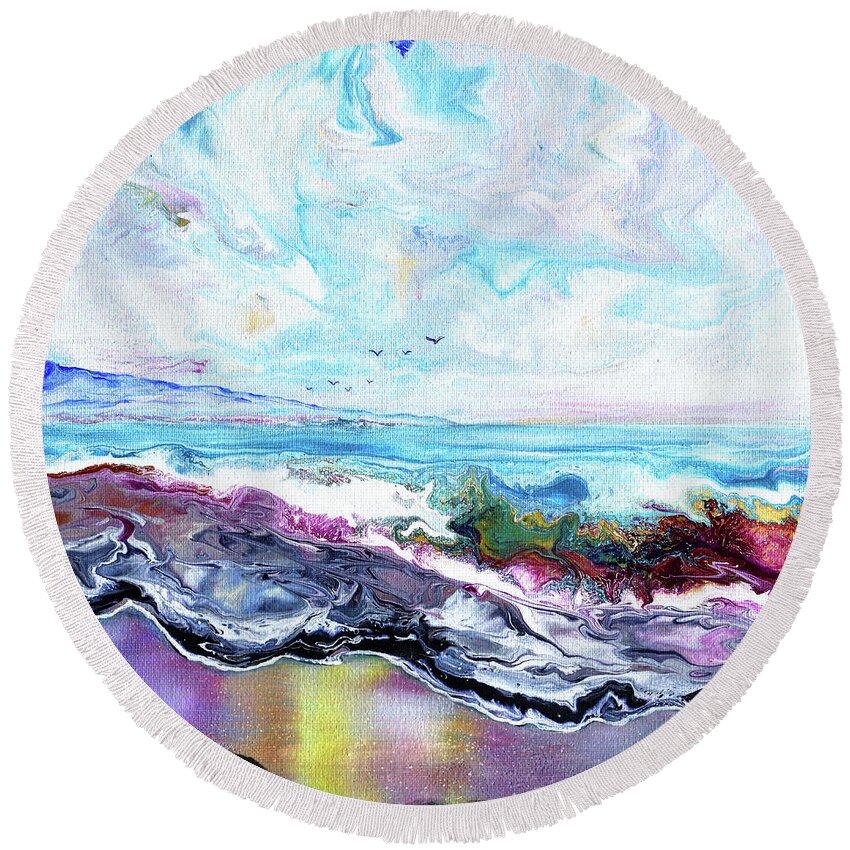 Beach Round Beach Towel featuring the painting Waves Rolling Over Colorful Sands by Laura Iverson