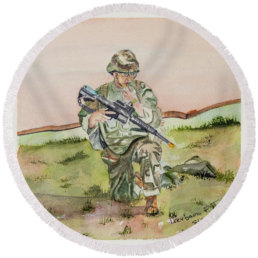 Soldier Round Beach Towel featuring the painting We Are Here by Barbara F Johnson