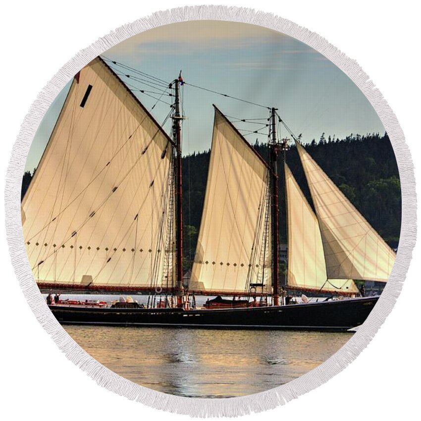 The Bluenose Ll Out Of Lunenberg Nova Scotia En Route To Digby Nova Scotia Via Petit Passage Bay Of Fundy Sea Oceans Ships Sail Land Water Clipper Round Beach Towel featuring the photograph We are sailing by David Matthews