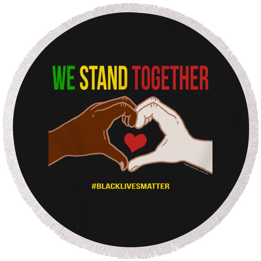 We Stand Together Round Beach Towel featuring the digital art We Stand Together Heart Hands by Laura Ostrowski