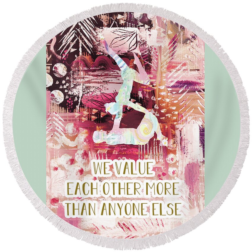 We Value Each Other Round Beach Towel featuring the drawing We value each other by Claudia Schoen
