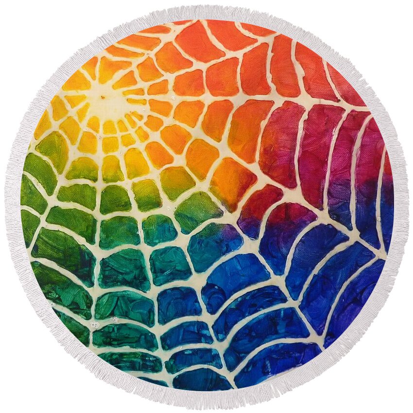 Weaving A Web Of Color Round Beach Towel featuring the painting Weaving a World Web of Color by Amelie Simmons