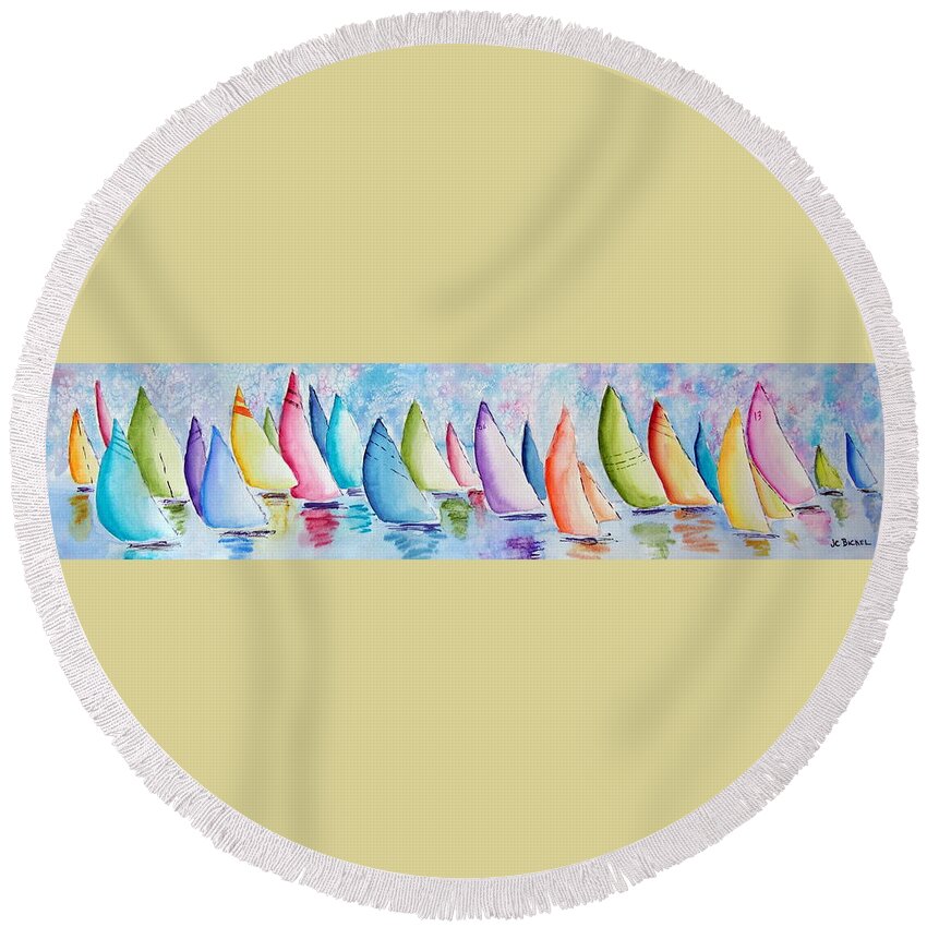 Grand Traverse Bay Round Beach Towel featuring the painting Weekly Regatta by Jacquelin Bickel