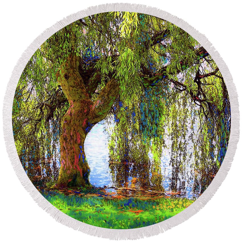 Landscape Round Beach Towel featuring the painting Weeping Willow by Jane Small