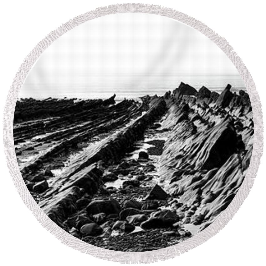 Coast Round Beach Towel featuring the photograph Welcombe Mouth beach North Devon South West Coast Path black and white 2 by Sonny Ryse